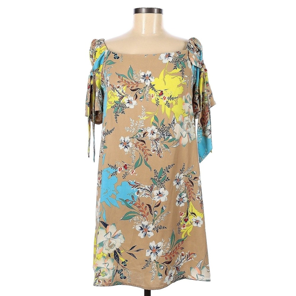 Be by ChettaB Dress Women 6 Tan Whimsical Floral Shoulder Tie Sleeve‎ Boho NWOT